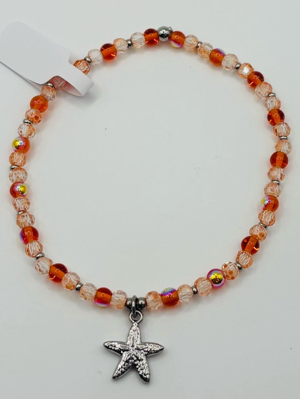 *ANKLET* S. Steel Starfish & AB Orange Crystal with Orange Glass Stretchy Anklet - Picture 3 of 6